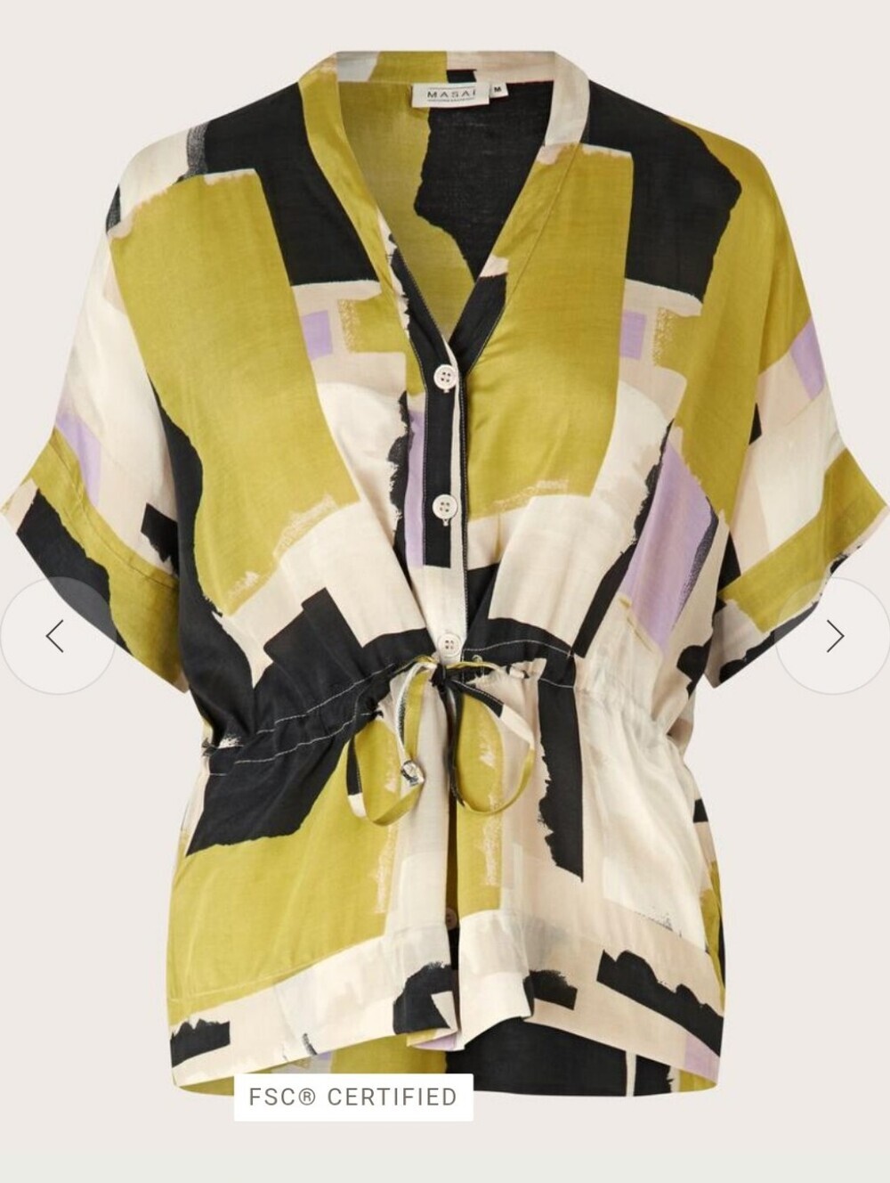MASAI Olive 100% Viscose Abstract Tie-Waist Blouse Size L